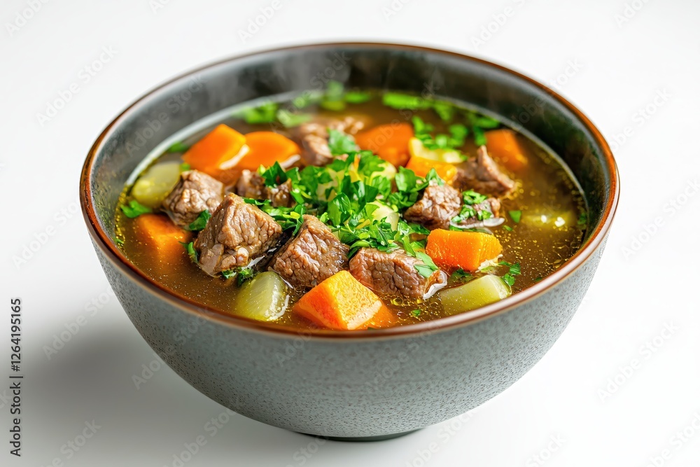 Hearty Beef and Vegetable Soup in Dark Bowl on White Background Capturing Comfort and Warmth Hearty Beef and Vegetable Soup in Dark Bowl on White Background Capturing Comfort and Warmth