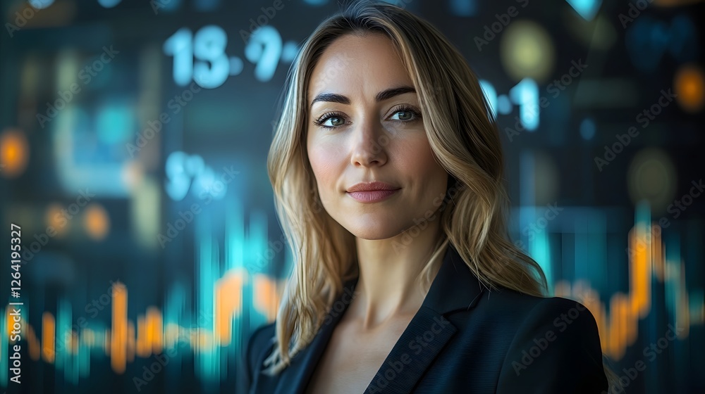 Fototapeta premium Confident Business Leader Overseeing Futuristic Financial Analytics in Professional Setting