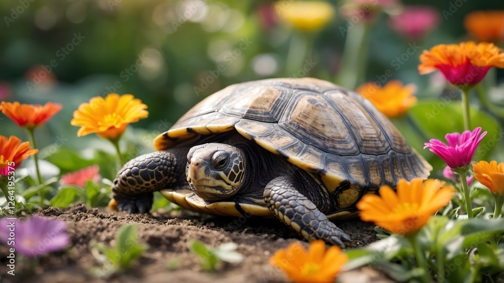 Nature's Charm: A Curious Turtle Surrounded by Vibrant Flowers and Fluttering Butterflies Nature's Charm: A Curious Turtle Surrounded by Vibrant Flowers and Fluttering Butterflies