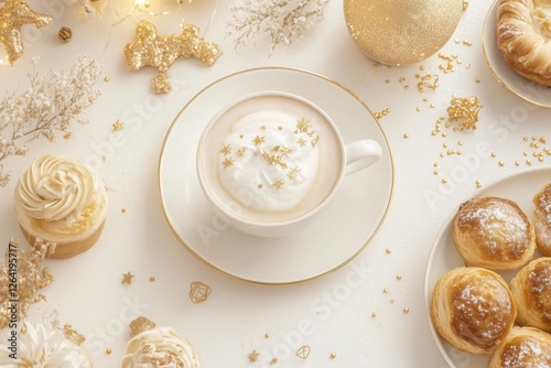 Xícara de café elegante com detalhes dourados, acompanhada de doces e decorações festivas em fundo branco, criada com IA generativa para um visual sofisticado e convidativo photo