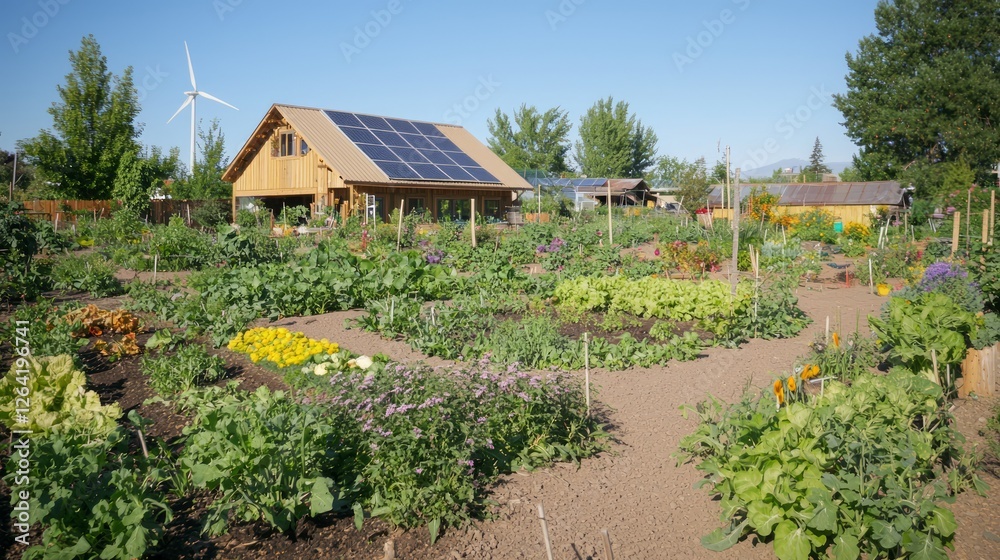 Expansive Community Garden with Solar-Powered Building in View