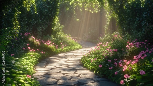 Serene garden pathway surrounded by lush greenery and blooming flowers, sunlight filtering through trees