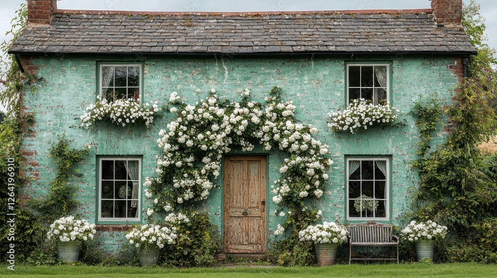 Obraz premium Picturesque Teal Cottage Adorned with Blooming White Roses