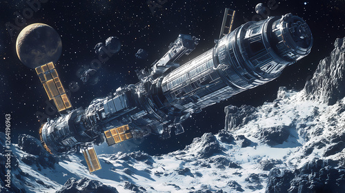 Fototapeta Naklejka Na Ścianę i Meble -  A massive space station orbits above a planet with stars and distant celestial objects creating a futuristic space scene. Cosmic Shipwrecks. Illustration