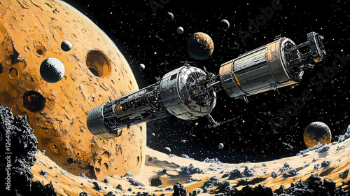 Fototapeta Naklejka Na Ścianę i Meble -  A massive space station orbits above a planet with stars and distant celestial objects creating a futuristic space scene. Cosmic Shipwrecks. Illustration