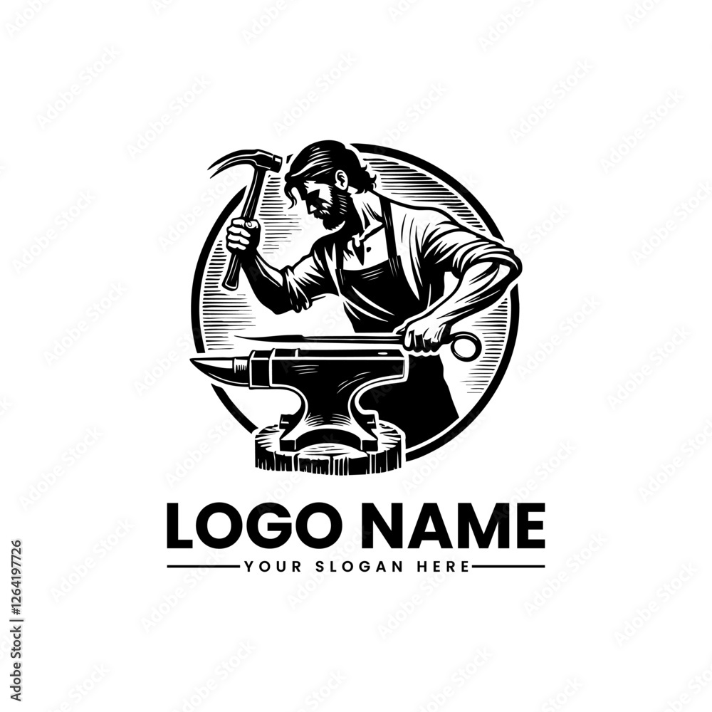 Fototapeta premium Skilled Blacksmith in Action Tenacious Craftsman Vector Logo Artisan Metalwork Illustration
