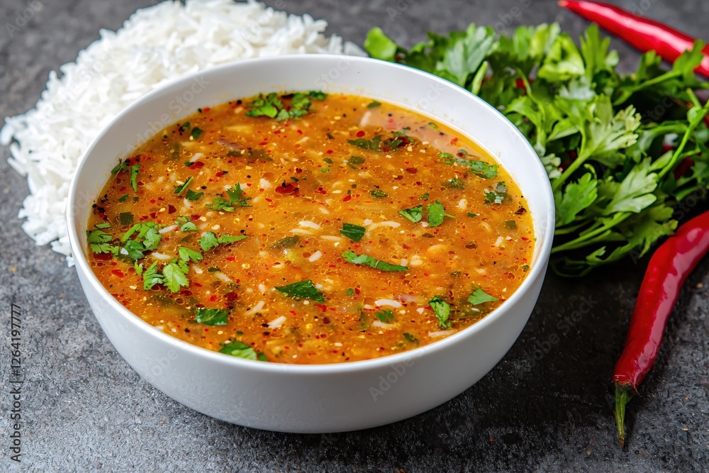 Aromatic spicy soup with rice and fresh herbs a flavorful culinary delight for lunch Aromatic spicy soup with rice and fresh herbs a flavorful culinary delight for lunch
