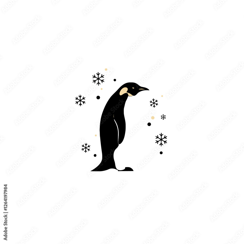Obraz premium Illustrative Penguin with Snowflakes on White Background in Minimalist Art Style