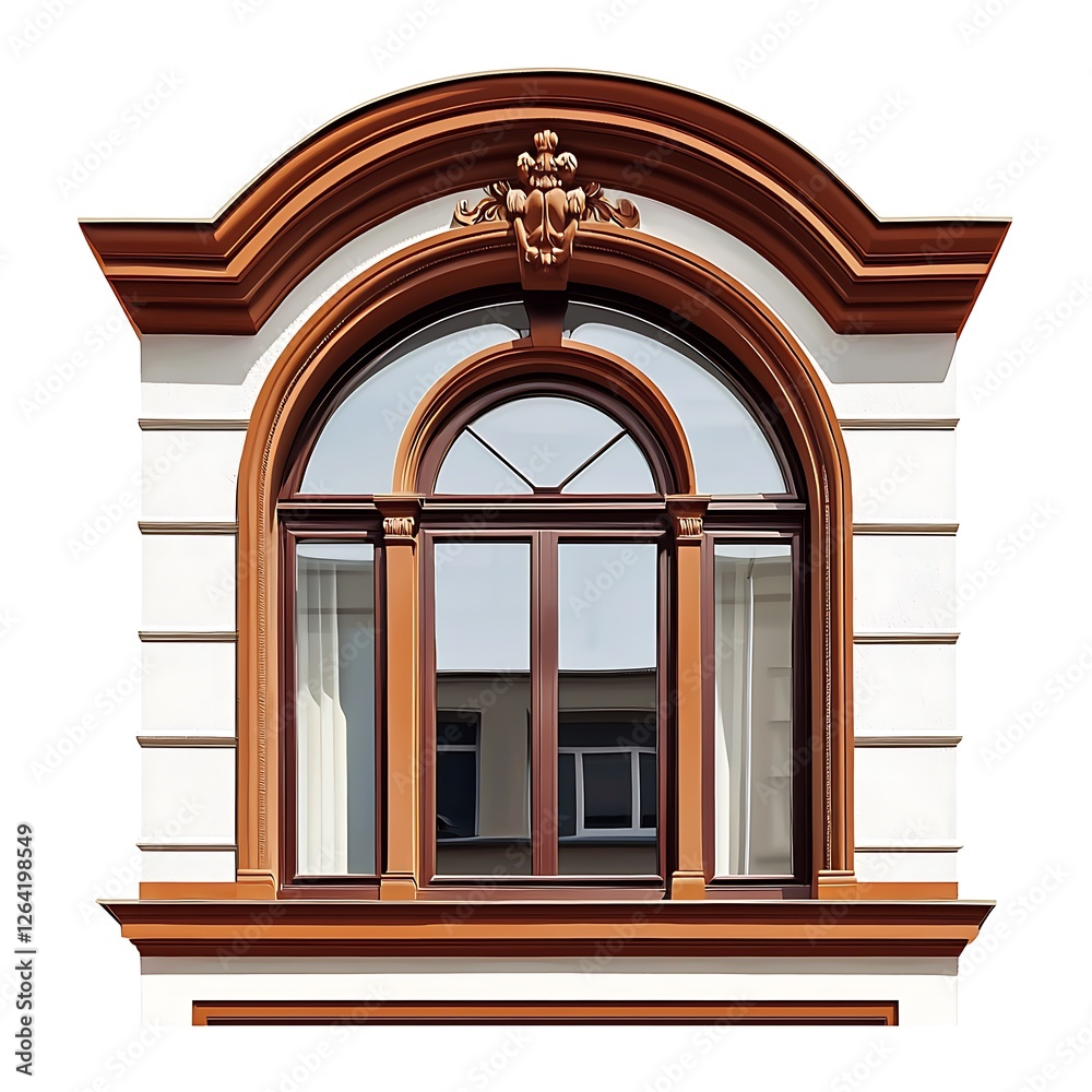 Obraz premium Elegant Ornate Arch Window with Brown Frame on White Building Facade.