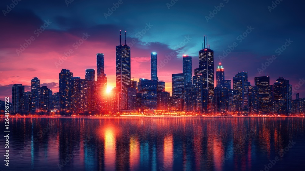Fototapeta premium Stunning City Skyline at Sunset Glowing Buildings Urban Landscape