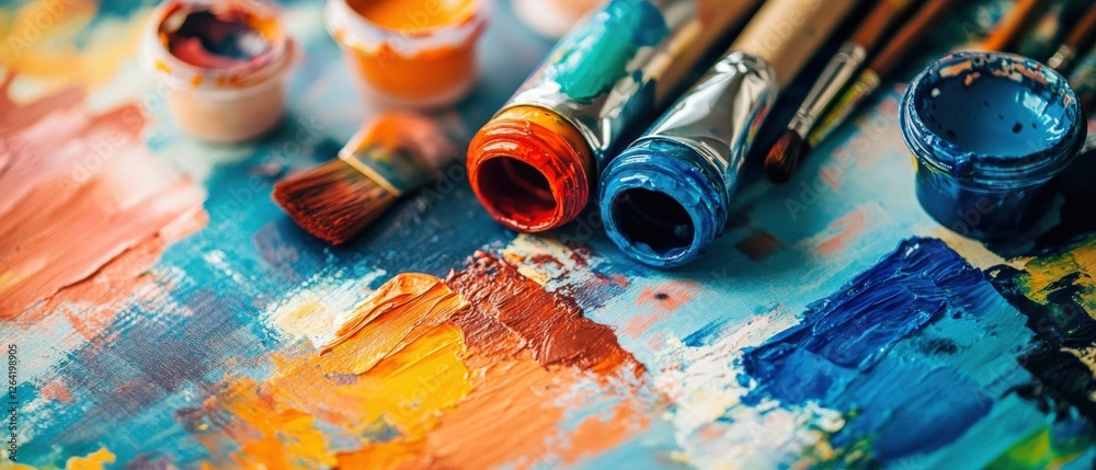 Fototapeta premium Vibrant painting tools art studio creative content colorful environment close-up view artistic exploration