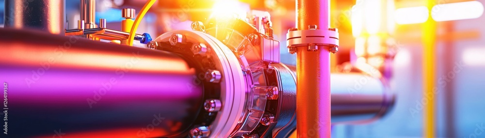 Fototapeta premium Industrial Pipeline System with Shiny Metal Pipes and Valves in Modern Factory Setting
