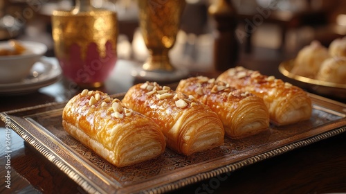 Freshly baked pastries on an ornate tray in a warm, inviting caf? setting with elegant decor