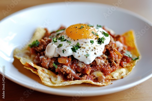 Delicious Huevos Rancheros with Fried Egg and Fresh Parsley on a White Plate Close Up View