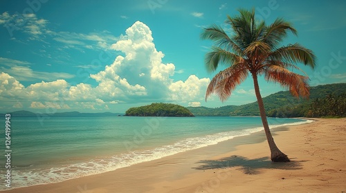 Tropical Beach Scene With Palm Tree And Island photo