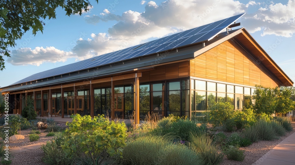 Solar Powered Community Center with Modern Design and Green Space Solar Powered Community Center with Modern Design and Green Space
