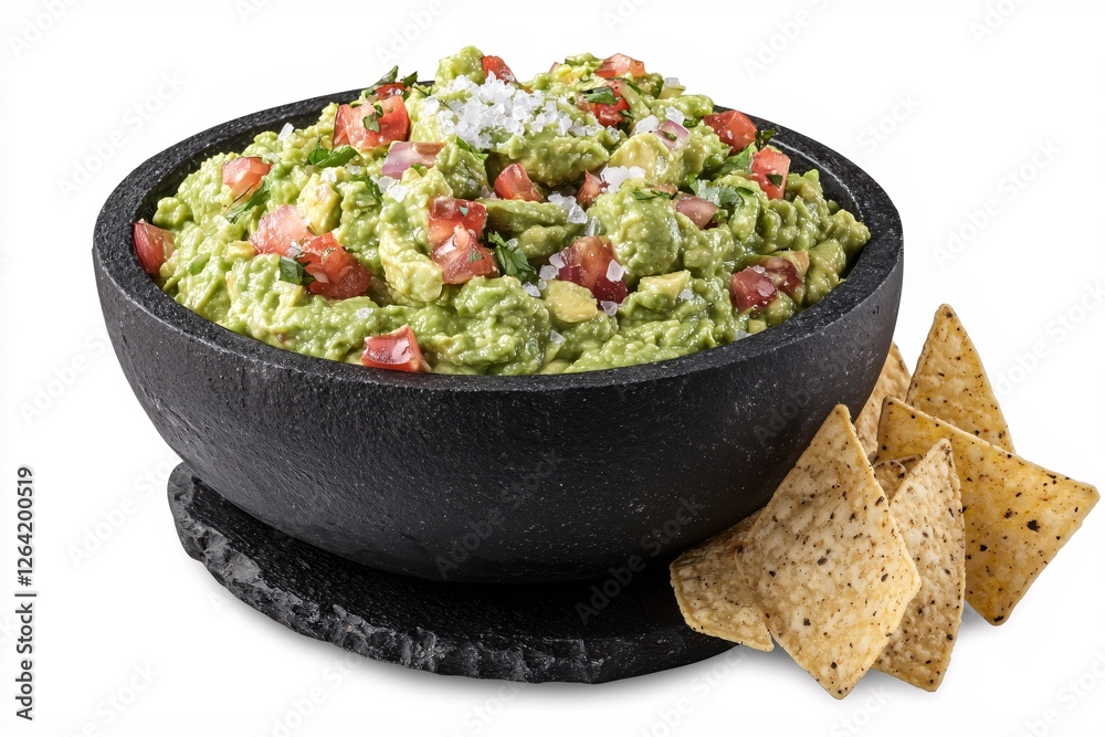 Delicious guacamole in a dark stone bowl with tortilla chips on a clean white background Delicious guacamole in a dark stone bowl with tortilla chips on a clean white background