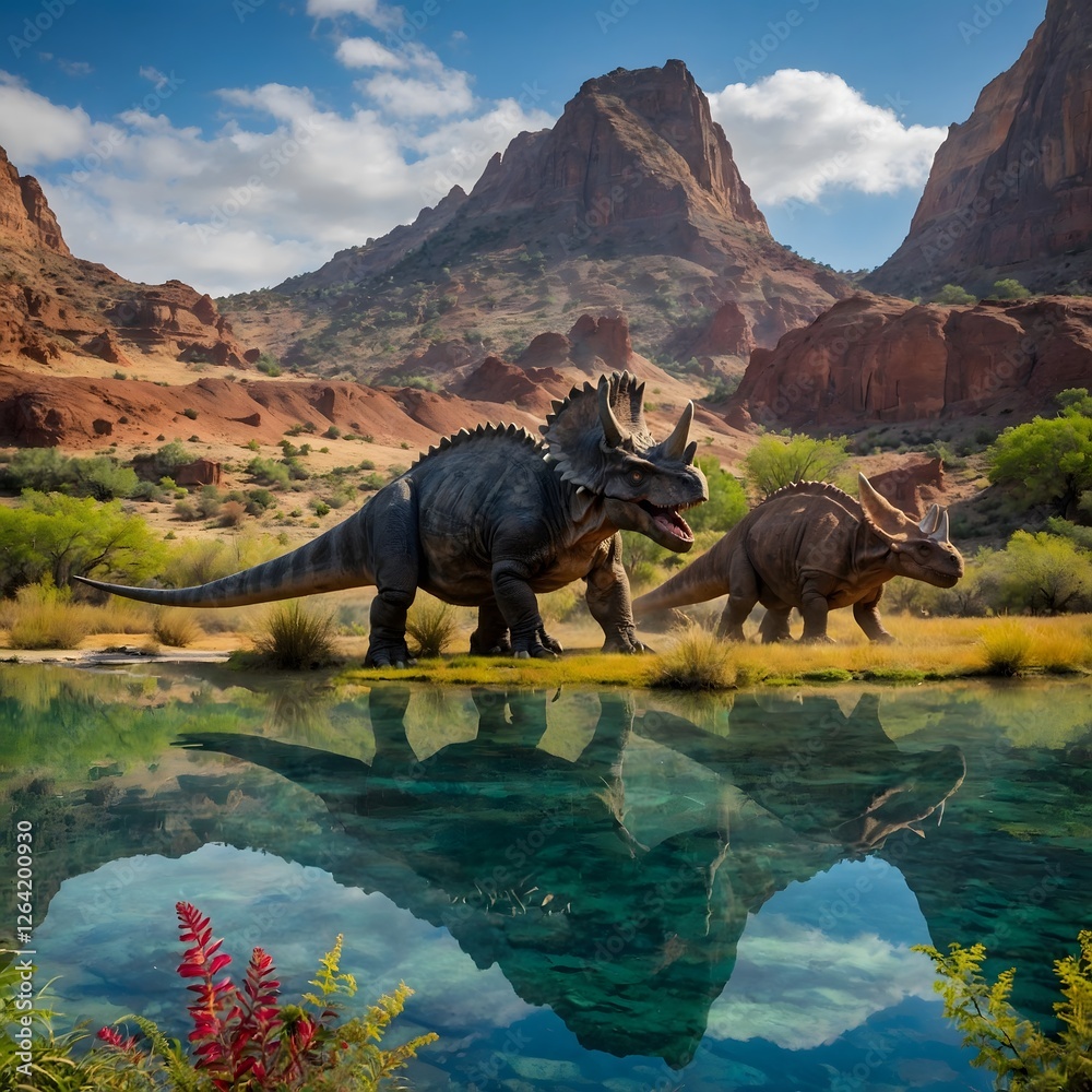 Fototapeta premium Ancient Harmony: Dinosaurs Congregating at Watering Hole in Lush Prehistoric Scene