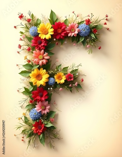letter, F, floral, flowers, vibrant, colorful, artistic, elegant, design, organic, natural, red, yellow, pink, blue, white, blooms, green, leaves, accents, beige, background, soft, texture, warm, 
