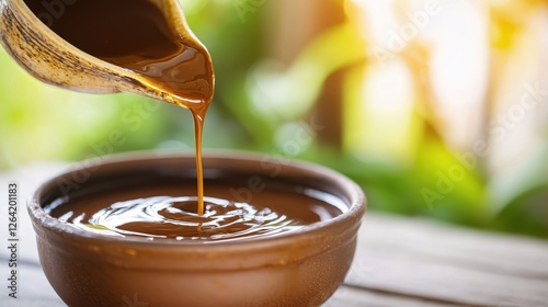 Pouring rich brown sauce into a bowl creating ripples in the liquid with a blurred background photo