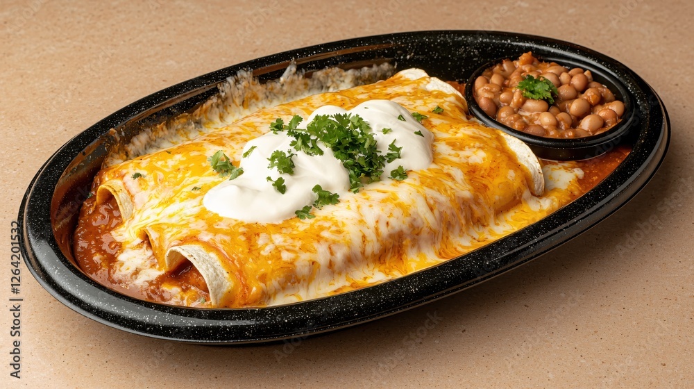 Delicious enchiladas with melted cheese sour cream and parsley on a speckled black tray Delicious enchiladas with melted cheese sour cream and parsley on a speckled black tray