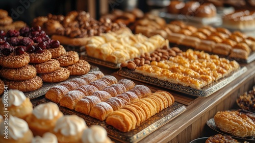A vibrant display of assorted pastries and desserts at a bustling bakery, showcasing various treats