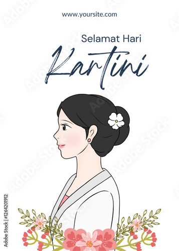 Selamat Hari Kartini. Happy Kartini's Day. Indonesian Female Hero. Vector illustration design with text and flowers for poster, banner, flyer and many more.