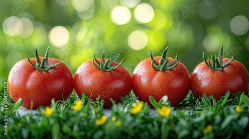 Fresh, ripe tomatoes arranged in a row on a wooden surface with lush greenery and bokeh background