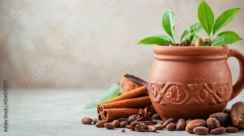 Wallpaper Mural Aromatic Still Life Featuring Cocoa Beans Cinnamon Sticks and a Clay Pot with Green Leaves Torontodigital.ca