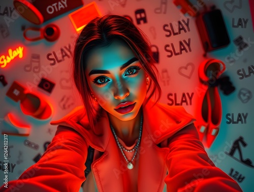 Bioluminescent fashion selfie glowing warm terracotta and cool teal a girl with dark eyes and flawless skin takes a stylish selfie surrounded by scattered accessories and shoes doodles of fashion... photo