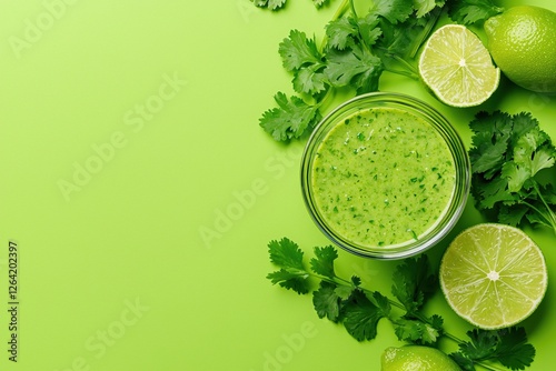 Wallpaper Mural Vibrant green salsa verde in glass bowl with fresh cilantro and lime on light green background Torontodigital.ca