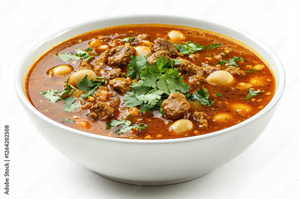 Hearty beef and bean stew in a white bowl garnished with fresh cilantro on white background Hearty beef and bean stew in a white bowl garnished with fresh cilantro on white background