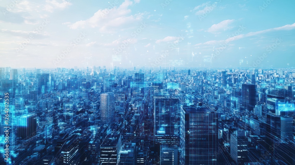 Obraz premium Futuristic Cityscape Digital Network Skyline