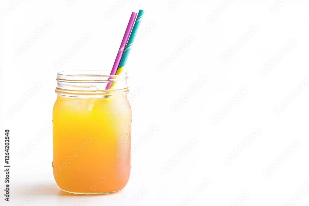 Refreshing orange juice in a mason jar with colorful straws on a bright white background Refreshing orange juice in a mason jar with colorful straws on a bright white background