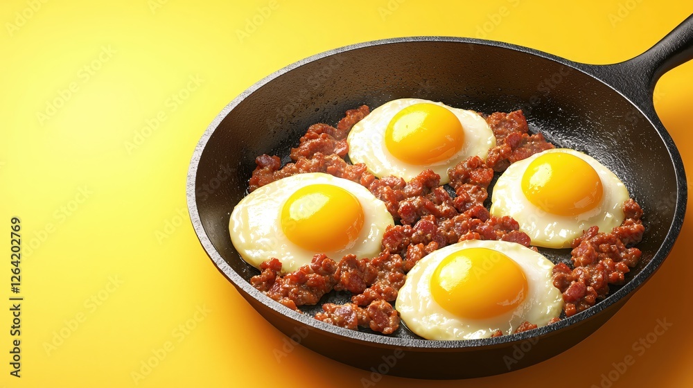 Sunny Side Up Eggs with Sausage Crumbles in a Cast Iron Pan on a Bright Yellow Background Sunny Side Up Eggs with Sausage Crumbles in a Cast Iron Pan on a Bright Yellow Background