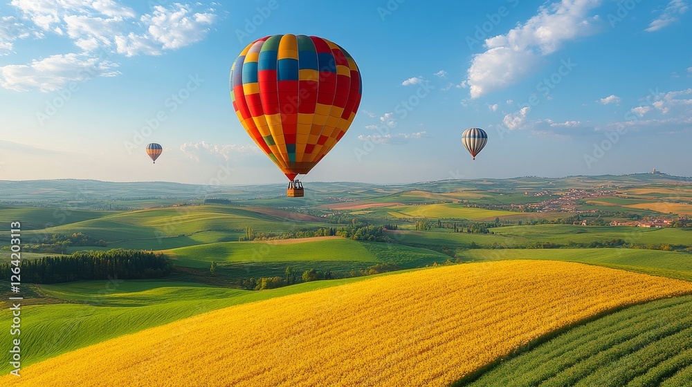 Obraz premium Hot Air Balloons Soaring Over A Vibrant Landscape On A Sunny Day Aerial Adventure Flight Tourism Freedom Rural Exploration Serenity