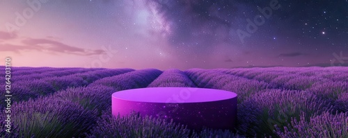 Shimmering purple podium in a lush lavender field, under a starry night sky with soft purple lighting, cosmic product display, nighttime lavender