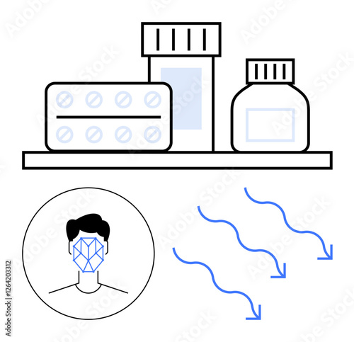 Shelved medications, facial recognition icon, and airflow indicate healthcare, AI diagnostics, and wellness. Ideal for health tech, AI in medicine, pharmaceuticals, biometrics air quality