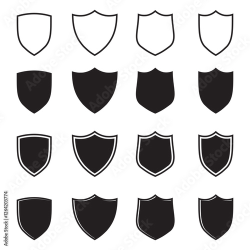 Shield icon set. Protect shield silhouette and outline icons. security Badge quality symbol, Shields symbols or sign, logo or emblem