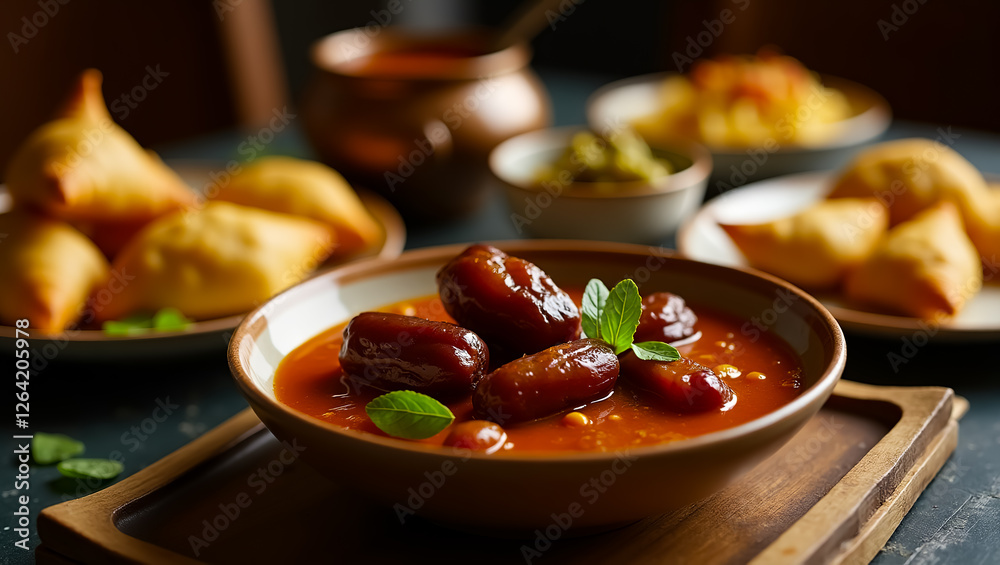 Closeup of dates in a tomato stew alongside samosas Warm colors and rich flavors Muslims halal food iftar dinner