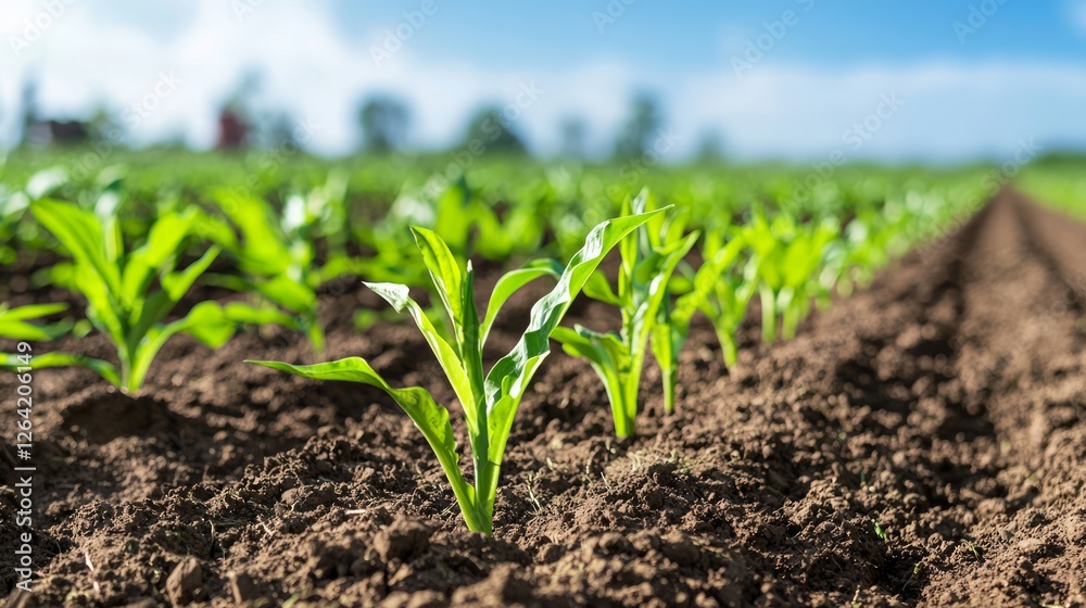 Vibrant Corn Seedlings Growing in Sustainable Farming Environment Vibrant Corn Seedlings Growing in Sustainable Farming Environment