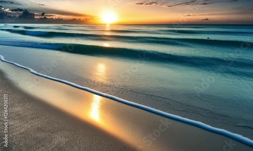 Sunrise beach waves reflecting golden light