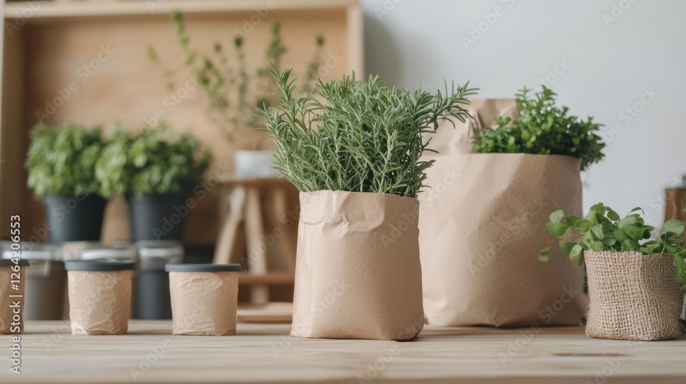 Fototapeta premium Potting Plants in Brown Paper Bags for Sustainable Eco Startup