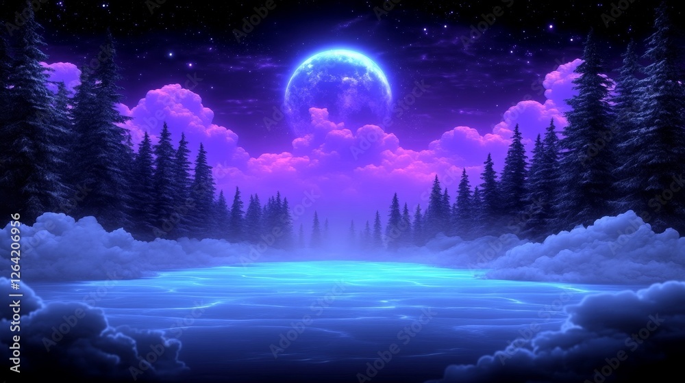 Naklejka premium Enigmatic Moonlight Serenity A Mystical Nightscape with Luminous Full Moon and Forest Reflection Evoking Tranquility and Wonder