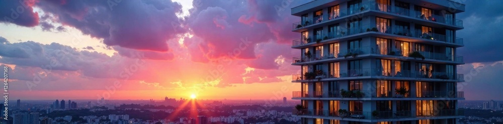 Obraz premium Sleek high-rise condo building facade at dusk, modern architecture, luxury condos