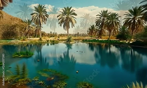 Desert oasis pool, palm trees, tranquil reflection, scenic landscape