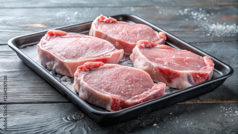 Frozen pork chops with ice crystals on a tray, pork cutlets, juicy pork chop Frozen pork chops with ice crystals on a tray, pork cutlets, juicy pork chop