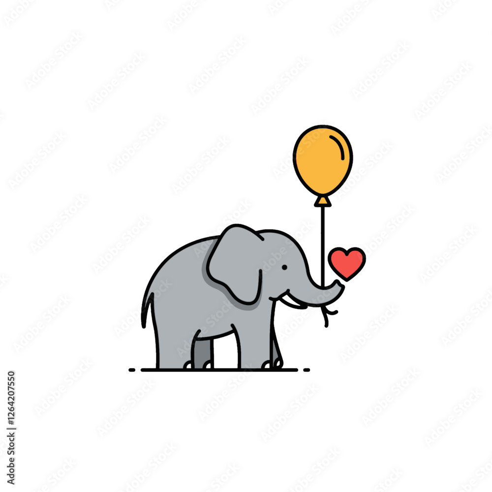 Obraz premium Cute Cartoon Elephant Holding Balloon and Heart Illustration