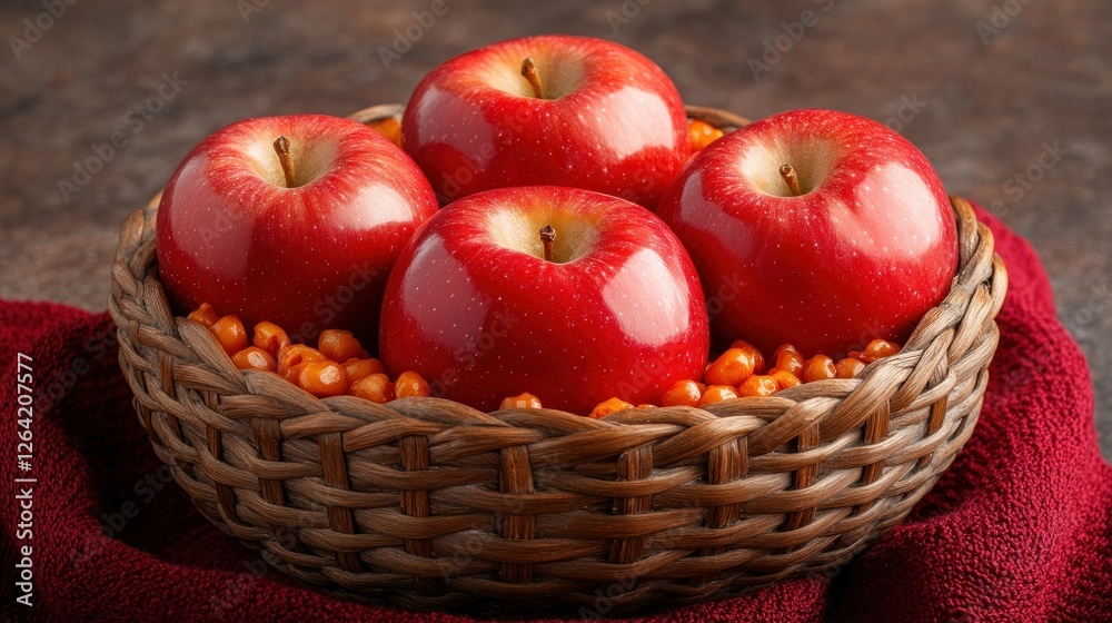 Basket of Red Apples and Sea Buckthorn Berries Basket of Red Apples and Sea Buckthorn Berries