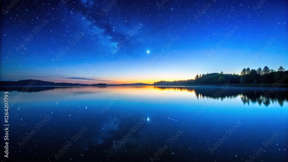 A serene lake reflecting the stars fading into a soft morning blue sky with subtle ripples on its surface as dawn breaks slowly A serene lake reflecting the stars fading into a soft morning blue sky with subtle ripples on its surface as dawn breaks slowly